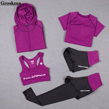 Load image into Gallery viewer, High waist pants+hooded coat+t shirt+bra+short ,yoga 5 pieces set , fitness gym sports set