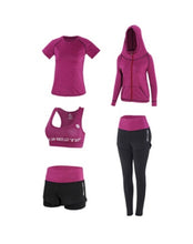 Load image into Gallery viewer, High waist pants+hooded coat+t shirt+bra+short ,yoga 5 pieces set , fitness gym sports set
