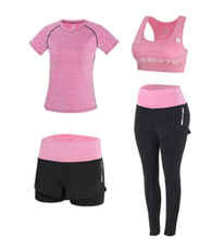 Load image into Gallery viewer, High waist pants+hooded coat+t shirt+bra+short ,yoga 5 pieces set , fitness gym sports set
